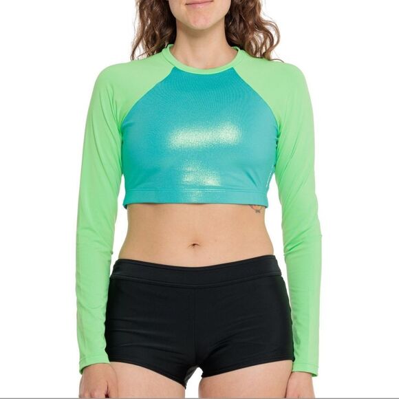 Speedo Size Large Foil Crop Rash Guard Long Sleeve Sun Protection Swim Top - Picture 1 of 3